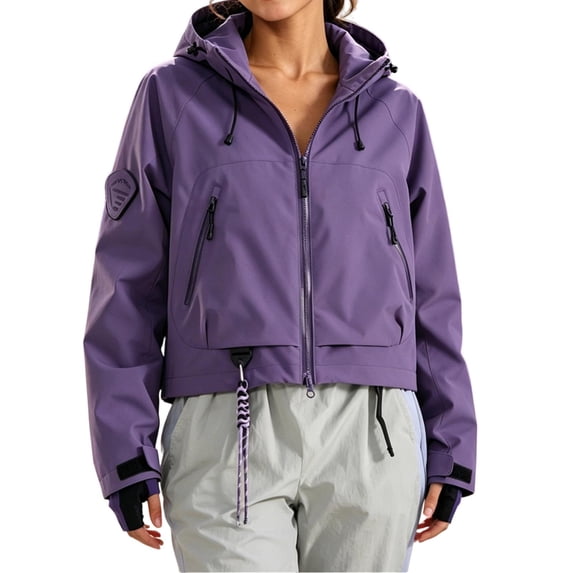 Fewfanhot Women Hooded Cropped Windbreaker Jacket, Zip Up Waterproof Pocket Outdoor Casual Short Coat