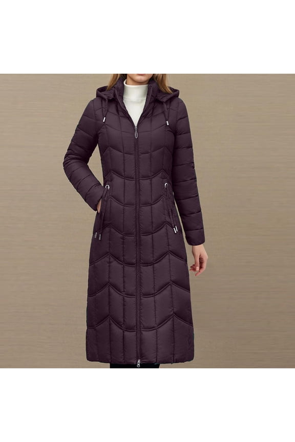 Women Hooded Long Puffer Coat, Full Zip Drawstring Waist Wave Quilted Mid-Calf Lightweight Winter Parka