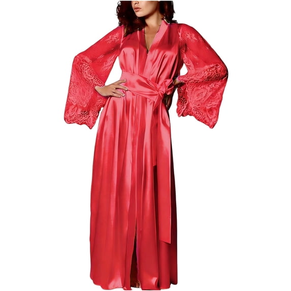 Fewfanhot Women Lace Bell Sleeve Satin Bathrobe, Long Sleeve Maxi Open Front Self Tie Luxury Lounge Robe