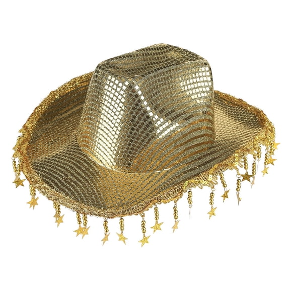 Fewfanhot Women & Men Metallic Gold Sequin Cowboy Hat with StarTassel Fringe Glittery Party Hat for Bachelorette, Festival, Special Events, One Size