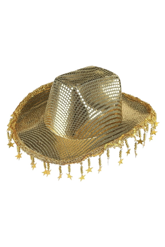 Women & Men Metallic Gold Sequin Cowboy Hat with StarTassel Fringe Glittery Party Hat for Bachelorette, Festival, Special Events, One Size