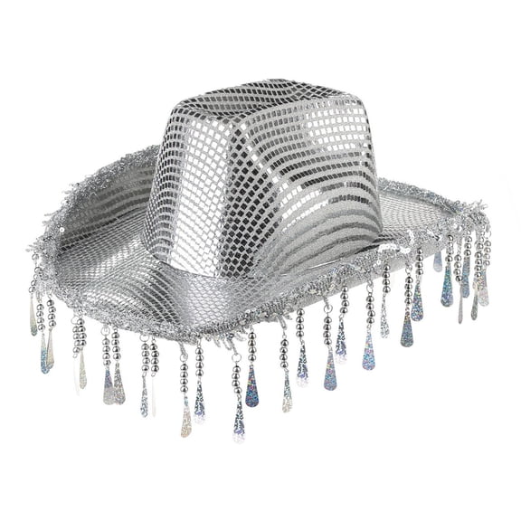 Fewfanhot Women & Men Metallic Silver Sequin Cowboy Hat with Teardrop Tassel Fringe Sparkly Party Hat for Bachelorette, Disco, Festival, Party Wear, One Size