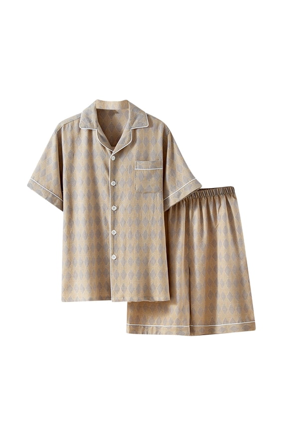 Women Men Plaid Pajama Set, Notch Collar Short Sleeve Cardigen with White Trim and Shorts, Cozy Cotton Blend Sleepwear for Couples, Spring Summer Casual Wear