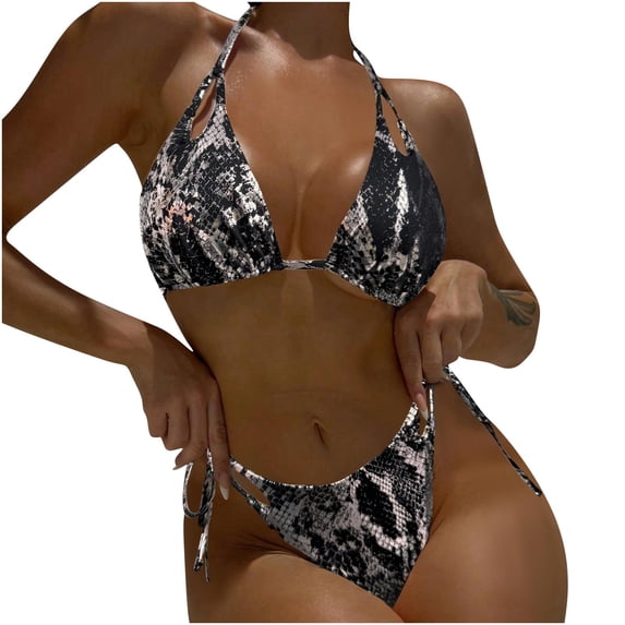 Fewfanhot Women Metallic Snake-Print String Bikini Set, 2 Piece Halter Triangle Tie Side Swimsuit Bathing Suit