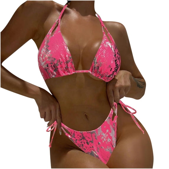 Fewfanhot Women Metallic Snake-Print String Bikini Set, 2 Piece Halter Triangle Tie Side Swimsuit Bathing Suit