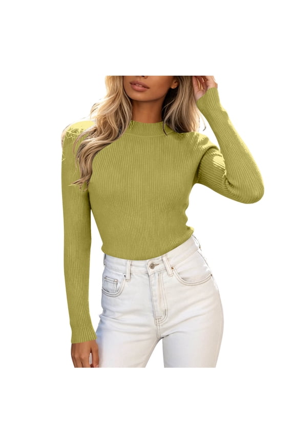 Women Mock Neck Ribbed Knit Sweater, Long Sleeve Slim Fitted Basic Stretchy Layering Pullover Top