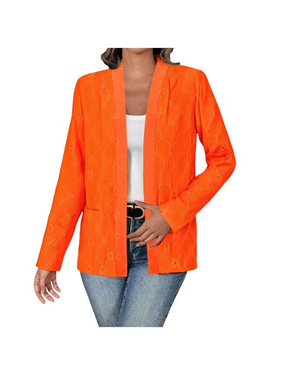 Women Open Front Eyelet Lace Blazer Jacket, Long Sleeve Loose Casual Lightweight Cardigan Coat with Pockets