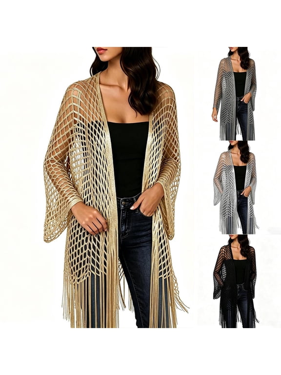 Women Open Front Hollow Crochet Kimono Cardigan, Long Sleeve Fringe Metallic Mesh Beach Cover Up Shawl