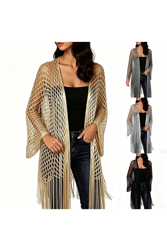 Women Open Front Hollow Crochet Kimono Cardigan, Long Sleeve Fringe Metallic Mesh Beach Cover Up Shawl