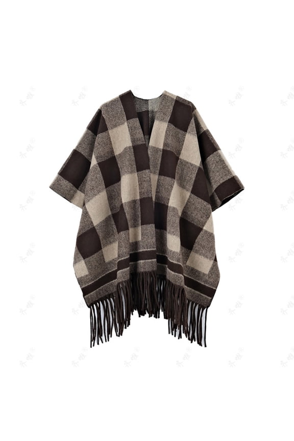 Women Open Front Poncho Shawl, Checkered pattern Contrast Stitch Edge Reversible Warm Knit Cape Wrap