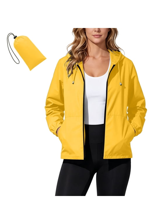 Women Packable Hooded Waterproof Rain Jacket, Full Zip Lightweight Windbreaker, Elastic Cuff Outdoor Coat with Pockets, Storage Pouch *1
