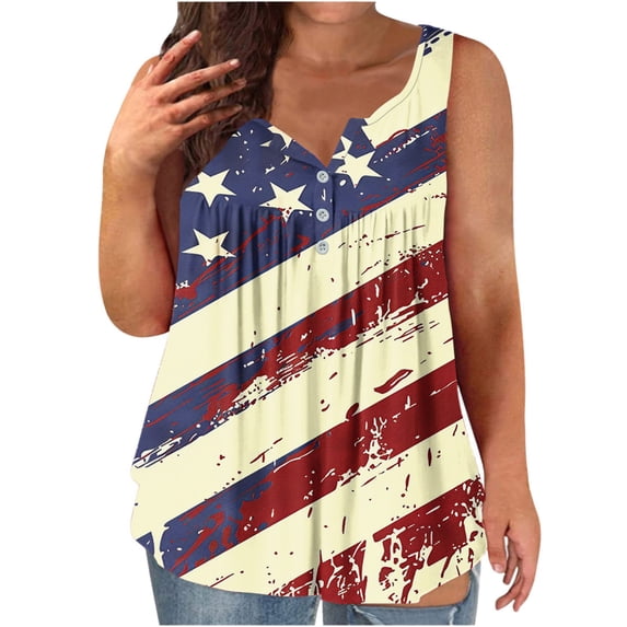 Fewfanhot Women Plus Size 4th of July Distressed American Flag Tank Top, V-Neck Button Peplum Patriotic Blouse, Casual Summer Loose Fit Top, L-4XL