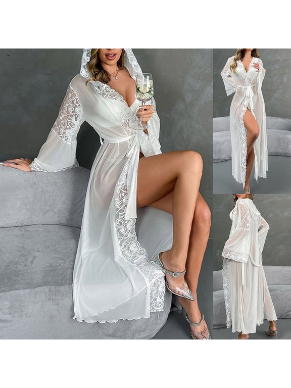 Women Sheer Mesh Lace Trim Long Robe, 3/4 Sleeve Open Front Cover‑Up Kimono with Self‑Tie Belt, Outer Wear S‑L
