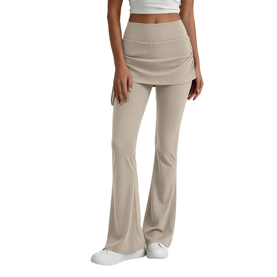 Fewfanhot Women Skirted Flared Yoga Pants, High Waist Drawstring Overlay Skirt Full Length Stretch Bootcut Workout Trousers