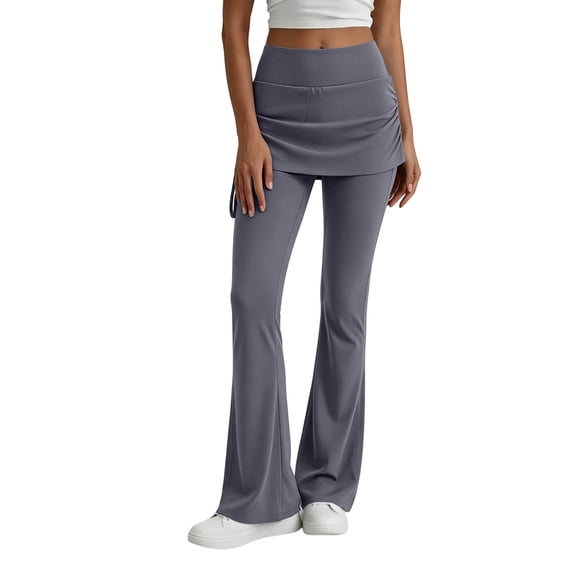 Fewfanhot Women Skirted Flared Yoga Pants, High Waist Drawstring Overlay Skirt Full Length Stretch Bootcut Workout Trousers