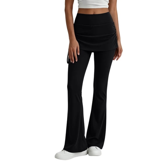Fewfanhot Women Skirted Flared Yoga Pants, High Waist Drawstring Overlay Skirt Full Length Stretch Bootcut Workout Trousers