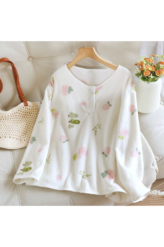 Fewfanhot Women Soft Fleece Lounge Tops Button Down House Shirts Warm Fall Winter Pajama Top Fuzzy Loungewear with Pocket