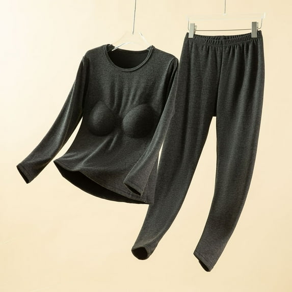 Fewfanhot Women Soft Thermal Underwear Set with Built-In Bra and Round Neck for All-Day Comfort in Chilly Indoor