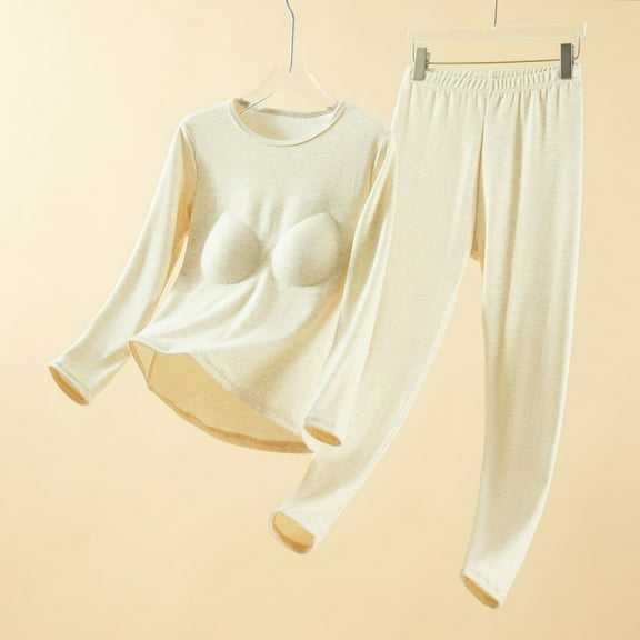 Fewfanhot Women Soft Thermal Underwear Set with Built-In Bra and Round Neck for All-Day Comfort in Chilly Indoor