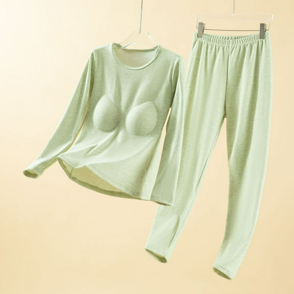Fewfanhot Women Soft Thermal Underwear Set with Built-In Bra and Round Neck for All-Day Comfort in Chilly Indoor