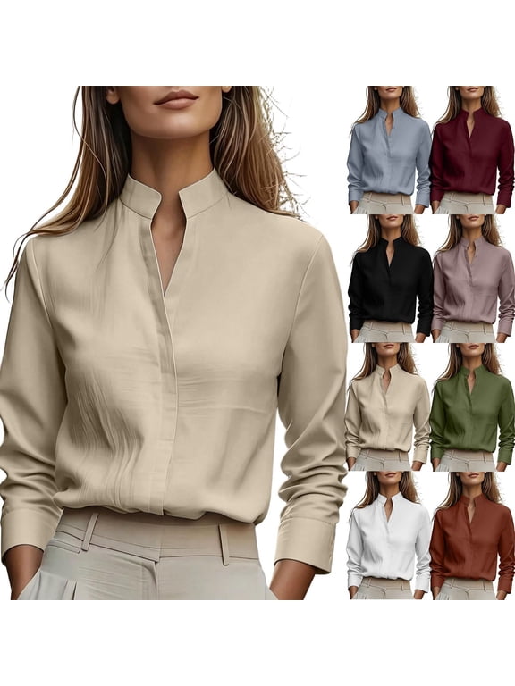Women Stand Collar Button Down Shirt, Long Sleeve V‑Notch Neck Work Blouse, Solid Casual Business Tunic Top for Ladies