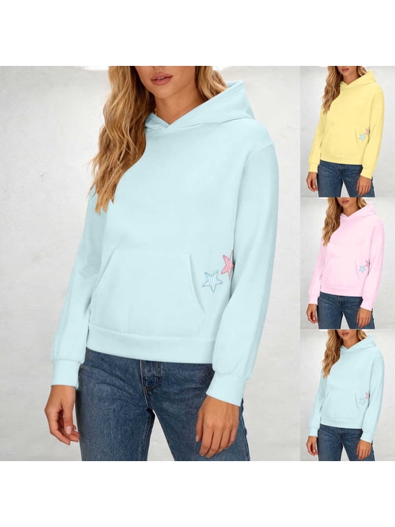 Women Star Embroidery Hoodie, Long Sleeve Drawstring Pullover Hooded Sweatshirt, Loose Fit Casual Hoodie with Front Kangaroo Pocket