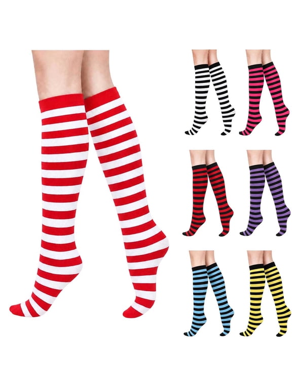 Women Striped Knee High Socks, Festive Holiday Warm Long Socks, Soft Stretch Knee‑Length Socks for Daily & Christmas Party