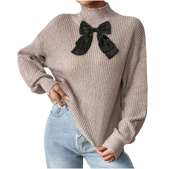 Fewfanhot Women Sweaters Fall Bow Tie Front Long Sleeve Knit Sweater Tops Cute Going Out Outfits