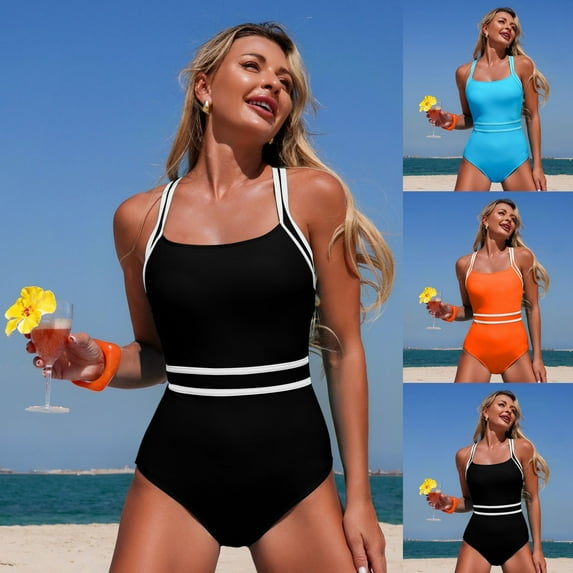 Fewfanhot Women Swimsuits Color Block One Piece Athletic Swimsuit Sports Tummy Control High Cut Bathing Suits