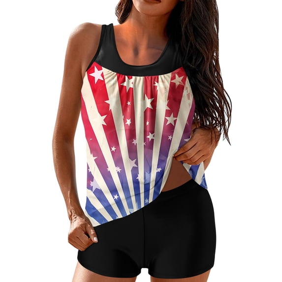 Fewfanhot Women Swimsuits Fourth of July Tankini Set, Patriotic American Flag Print Swimsuit, High Waisted Shorts Two-Piece Swimwear