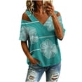 thumbnail image 1 of Fewfanhot Women Tops Cold Shoulder V-neck Summer Short Sleeve T-Shirts Vacation Loose Casual Tees, 1 of 6