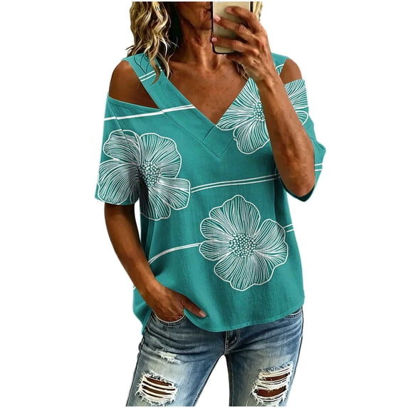 Fewfanhot Women Tops Cold Shoulder V-neck Summer Short Sleeve T-Shirts Vacation Loose Casual Tees