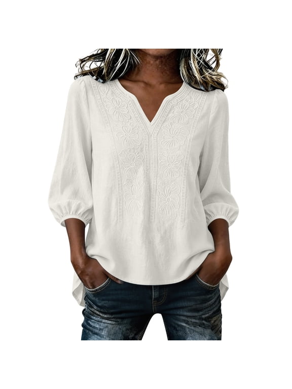 Women Tops Floral Short Sleeve V Neck Peasant Blouse Loose Summer Tops