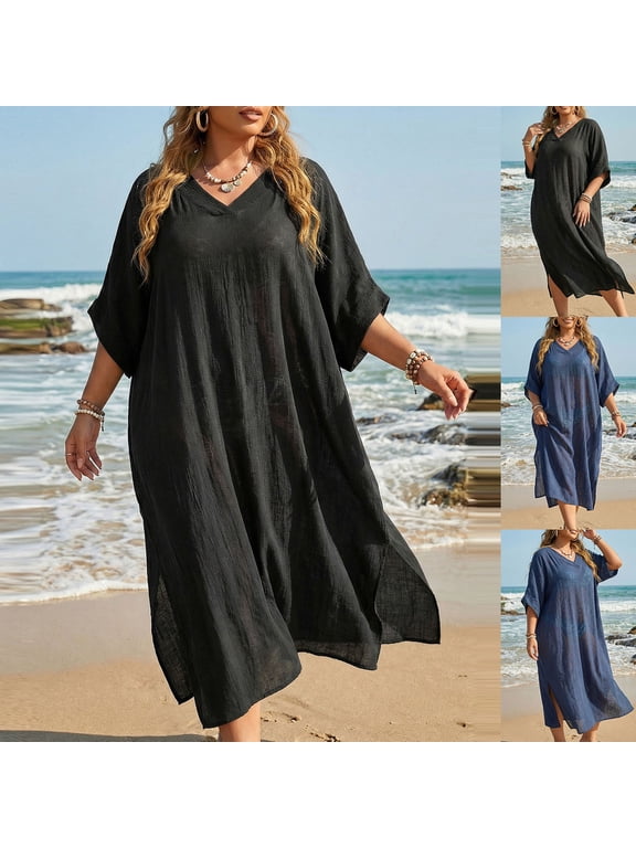 Women V-Neck Half Sleeve Swim Cover Up Dress, Crinkle Linen Blend Loose Split Hem Beach Kaftan Oversized Sun Dress