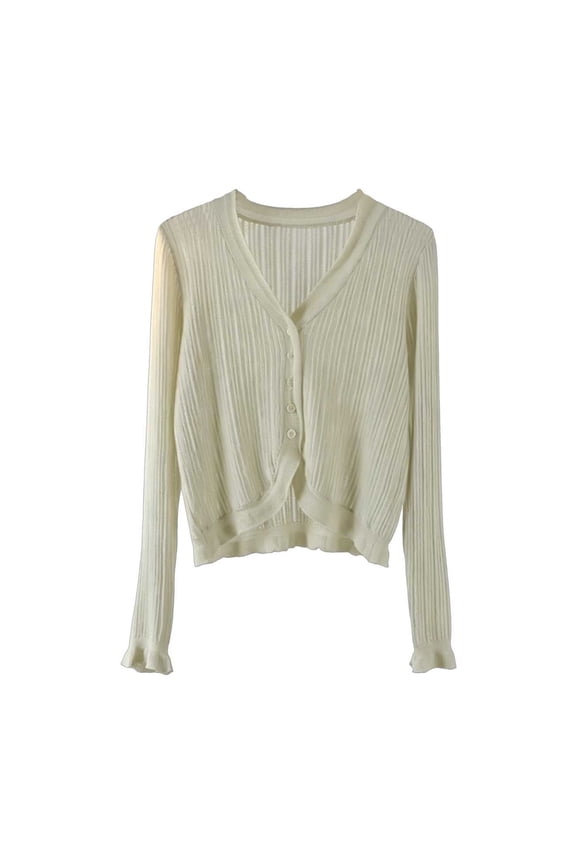 Women V Neck Ribbed Knit Cropped Cardigan, Ruffle Cuff Button Front Lightweight Sheer Layering Sweater