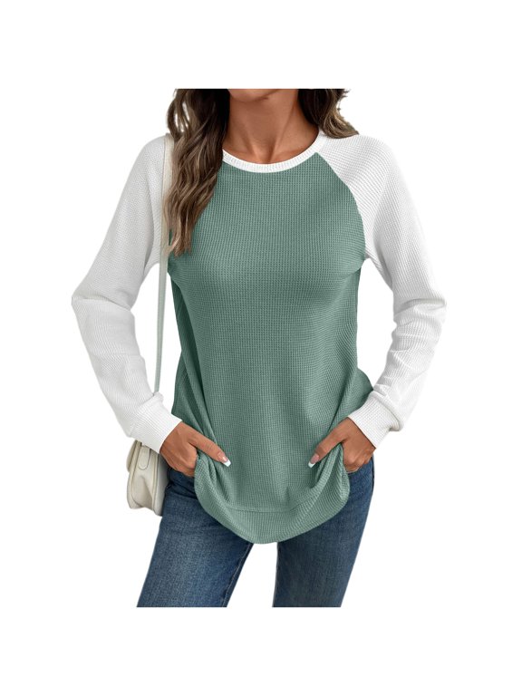 Women Waffle Knit Raglan Long Sleeve Top, Colorblock Crew Neck Curved Hem Loose Casual Blouse Baseball Tee