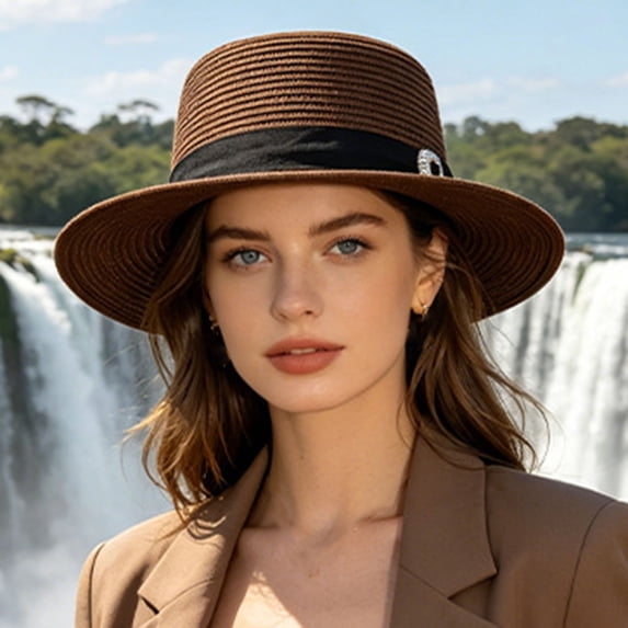 Fewfanhot Women Wide Brim Straw Boater Hat UPF Sun Protection Foldable Beach Fedora with Rhinestone Buckle Ribbon