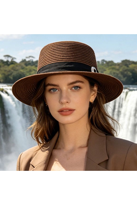Women Wide Brim Straw Boater Hat UPF Sun Protection Foldable Beach Fedora with Rhinestone Buckle Ribbon