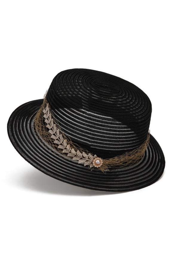 Women Wide Brim Straw Boater Hat UPF Sun Protection Foldable Beach Fedora with Rhinestone Buckle Ribbon
