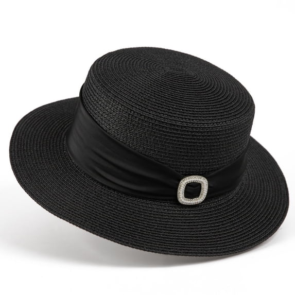 Fewfanhot Women Wide Brim Straw Boater Hat UPF Sun Protection Foldable Beach Fedora with Rhinestone Buckle Ribbon