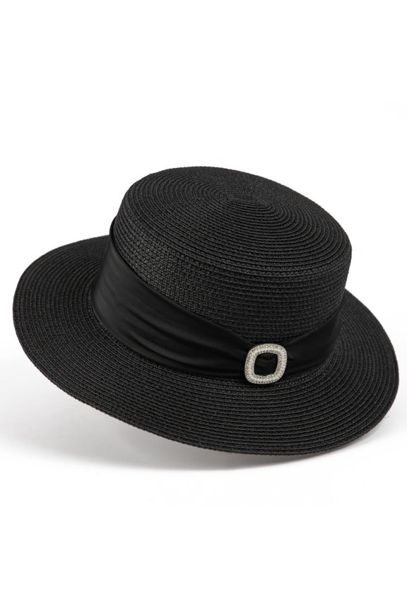 Women Wide Brim Straw Boater Hat UPF Sun Protection Foldable Beach Fedora with Rhinestone Buckle Ribbon