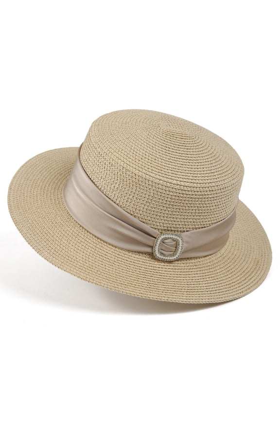 Women Wide Brim Straw Boater Hat UPF Sun Protection Foldable Beach Fedora with Rhinestone Buckle Ribbon