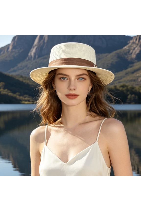 Women Wide Brim Straw Boater Hat UPF Sun Protection Foldable Beach Fedora with Rhinestone Buckle Ribbon