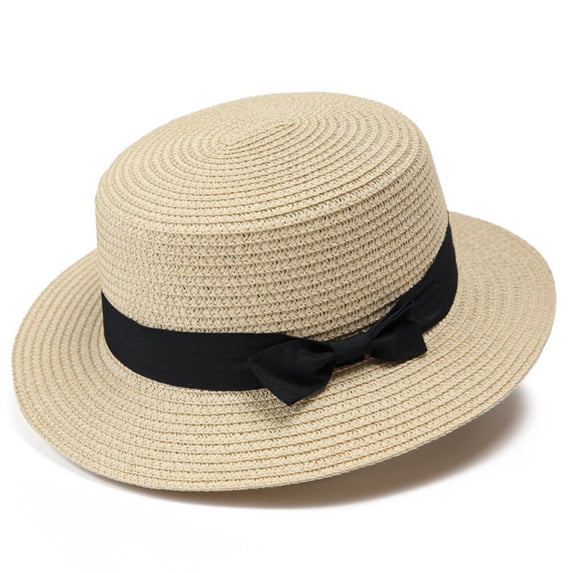 Fewfanhot Women Wide Brim Straw Boater Hat UPF Sun Protection Foldable Beach Fedora with Rhinestone Buckle Ribbon