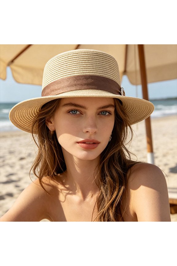 Women Wide Brim Straw Boater Hat UPF Sun Protection Foldable Beach Fedora with Rhinestone Buckle Ribbon