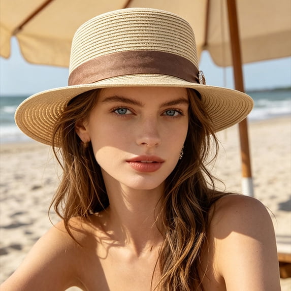 Fewfanhot Women Wide Brim Straw Boater Hat UPF Sun Protection Foldable Beach Fedora with Rhinestone Buckle Ribbon