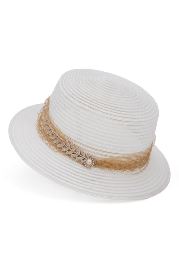 Women Wide Brim Straw Boater Hat UPF Sun Protection Foldable Beach Fedora with Rhinestone Buckle Ribbon