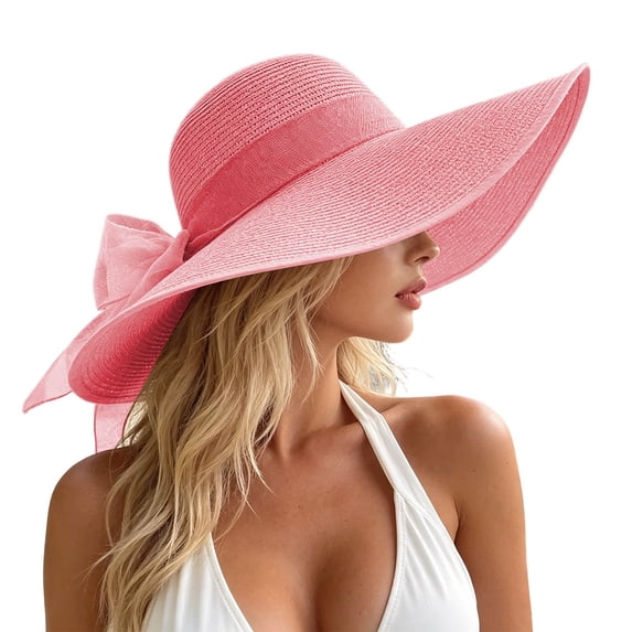 Fewfanhot Women Wide Floppy Brim Straw Sun Hat, UPF Foldable Beach Hat with Satin Bow Decor for Travel Pool