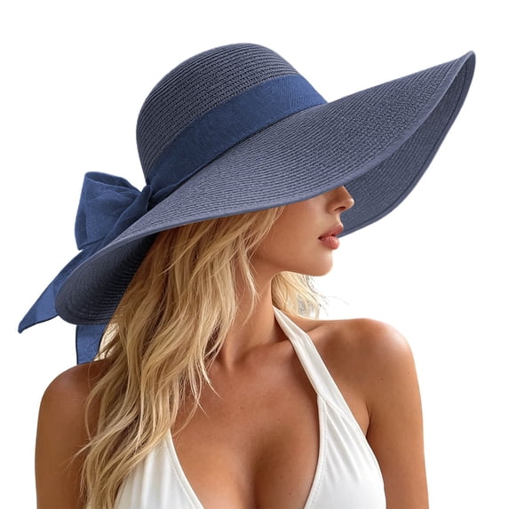 Fewfanhot Women Wide Floppy Brim Straw Sun Hat, UPF Foldable Beach Hat with Satin Bow Decor for Travel Pool