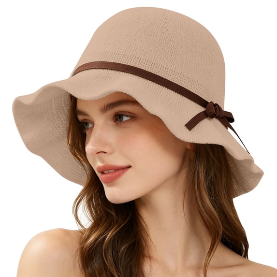 Fewfanhot Women Wide Floppy Brim Sun Hat, UPF Windproof Chin Strap Bucket Hat with Braided Bow Decor for Summer Beach Travel